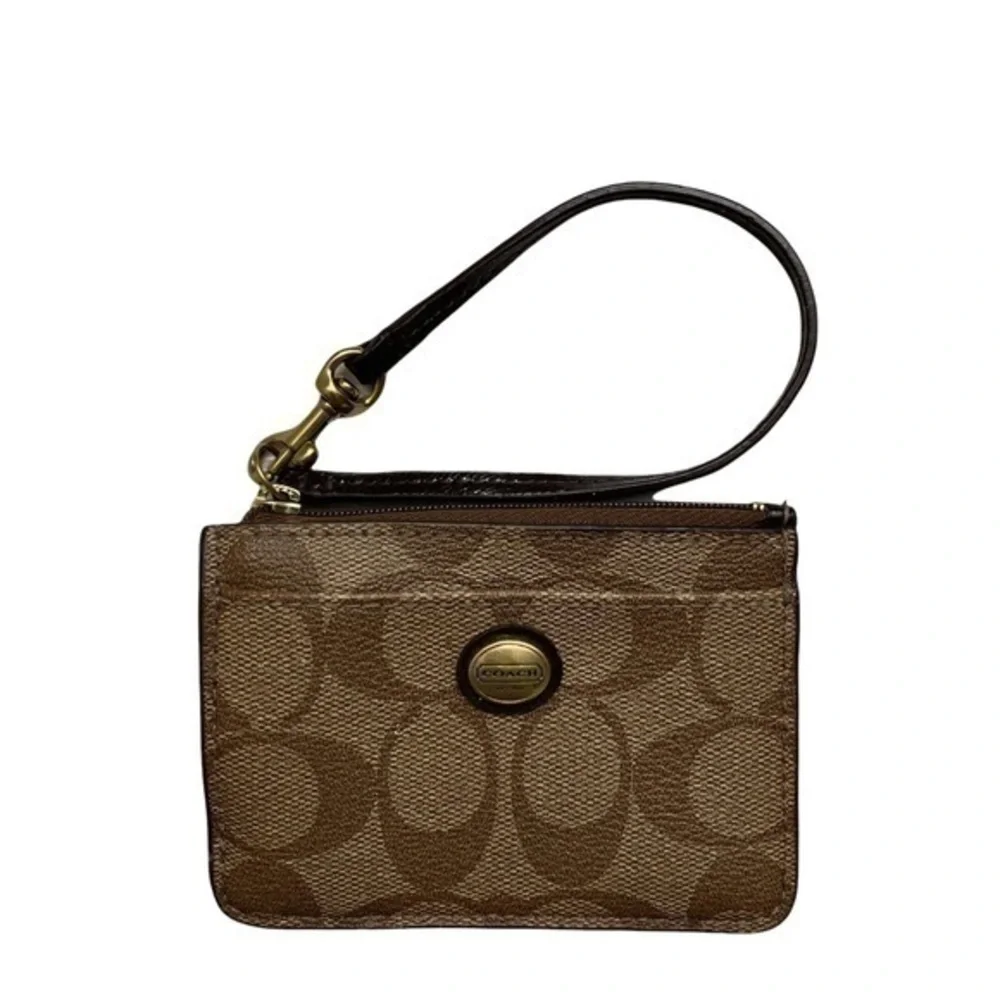 Coach khaki brown signature c ID key ring wristlet bag